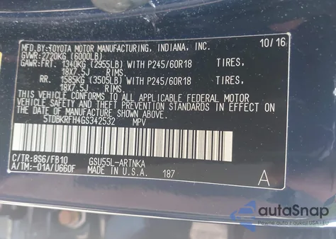 2016 Toyota Highlander Le V6 z USA, uszkodzony, nr VIN 5TDBKRFH4GS342532